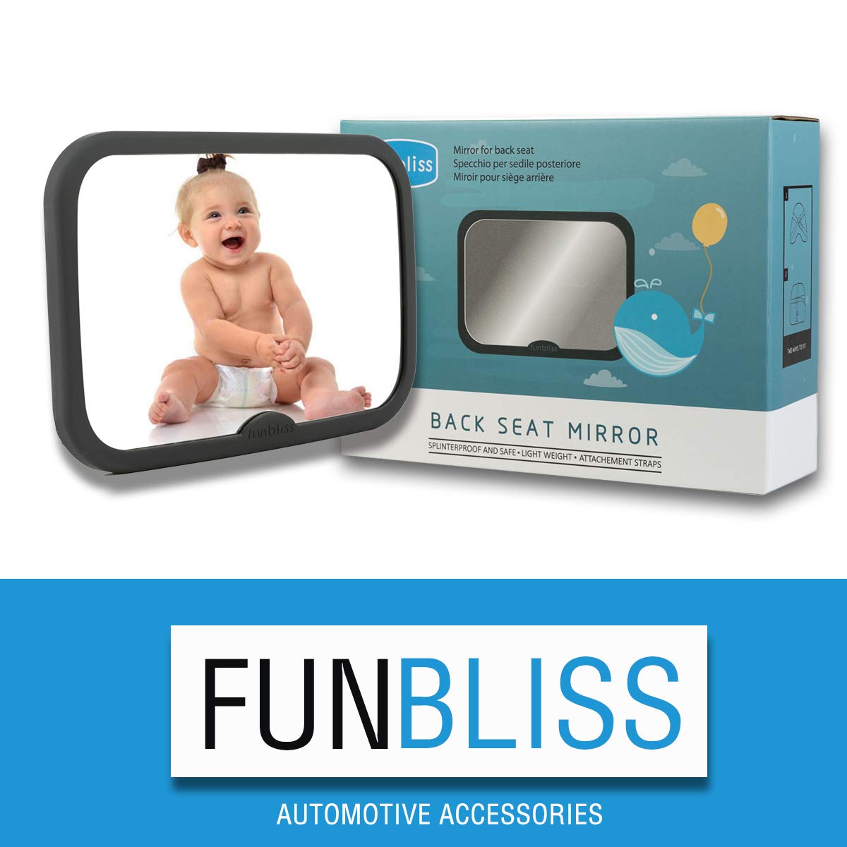 Funbliss Baby Mirror for Car, Safety Car Seat Mirror for Baby Rear Facing with Anti-vibration, Shatterproof, Crash Tested and Certified,Black