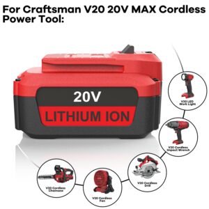 Powilling 2Pack Replacement for Craftsman 20V Battery 6.0Ah CMCB206 Fit for Craftsman V20 20V Max Battery CMCB204 CMCB202 CMCB209 Compatible with Craftsman Battery 20V and Charger