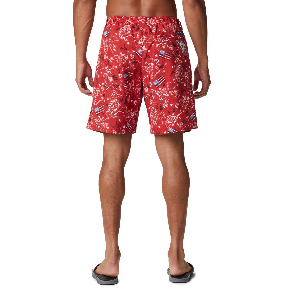 Columbia PFG Men’s Super Backcast Water Shorts, Quick Dry, Sun Protection, Red Spark Americana Fishing Print, Medium