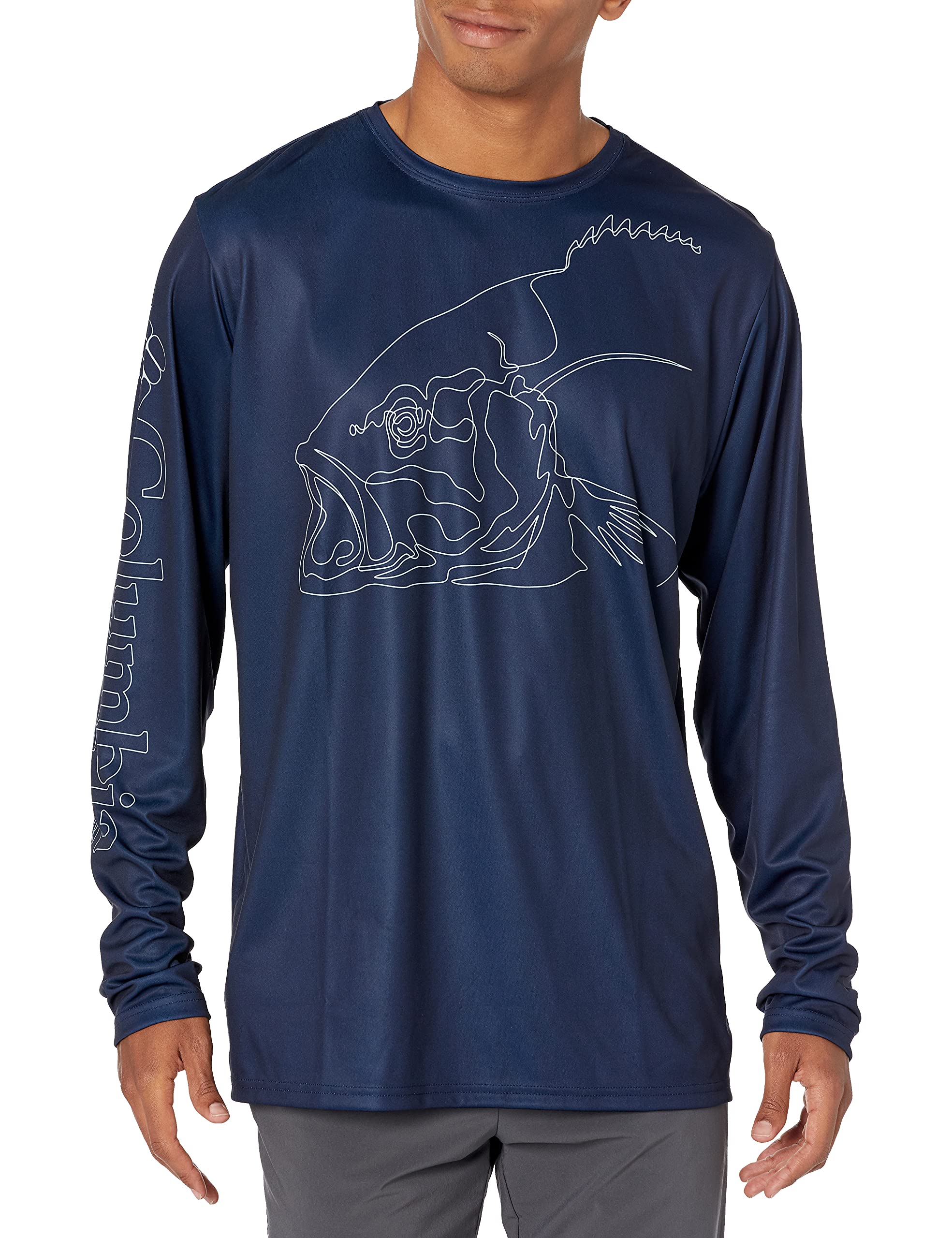 Columbia Men's Terminal Tackle PFG Running Line Long Sleeve, White/Collegiate Navy Sailfish, Small