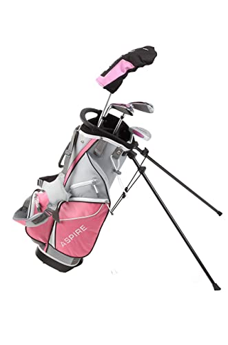 Aspire Golf Junior Plus Complete Golf Club Set for Children, Kids - 5 Age Groups Boys and Girls - Right Hand, Real Girls Junior Golf Bag, Kids Golf Clubs Set (Pink Ages 5-6)