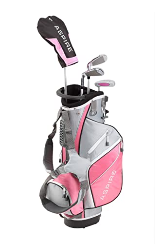 Aspire Golf Junior Plus Complete Golf Club Set for Children, Kids - 5 Age Groups Boys and Girls - Right Hand, Real Girls Junior Golf Bag, Kids Golf Clubs Set (Pink Ages 5-6)