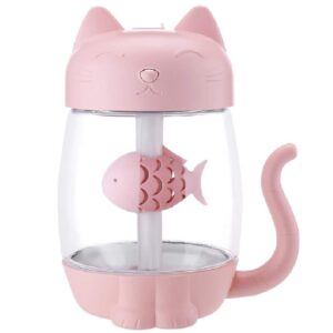 usb cat cool mist humidifier, 3 in 1 350ml polyme water mist mode & auto shut-off, vency baby humidifier with 6 color led lights changing, for home car office, air humidifier with small fan(pink)
