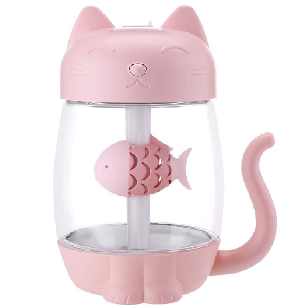 USB Cat Cool Mist Humidifier, 3 in 1 350ml Polyme Water Mist Mode & Auto Shut-Off, Vency Baby Humidifier with 6 Color LED Lights Changing, for Home Car Office, Air Humidifier with Small Fan(Pink)