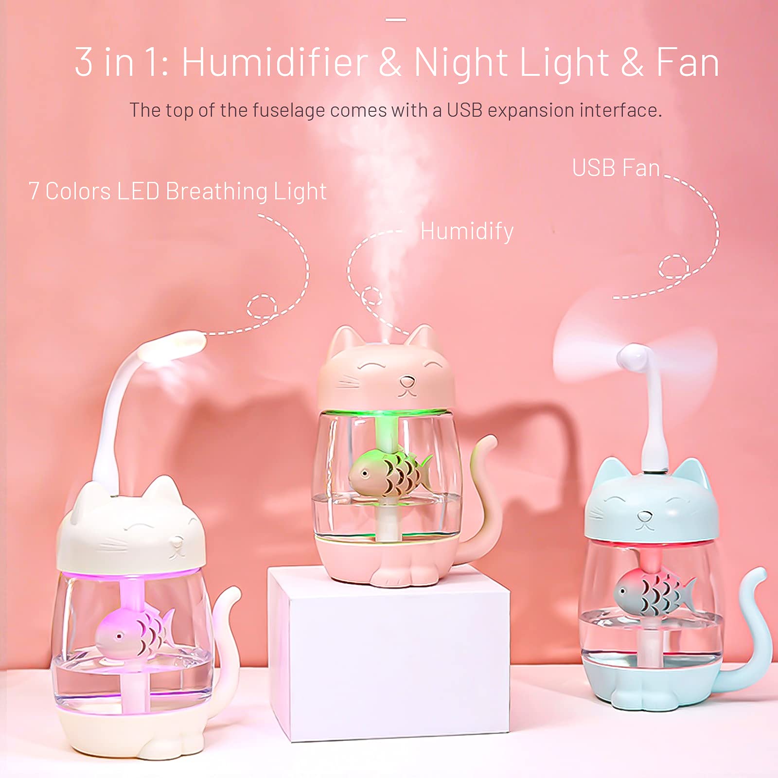 USB Cat Cool Mist Humidifier, 3 in 1 350ml Polyme Water Mist Mode & Auto Shut-Off, Vency Baby Humidifier with 6 Color LED Lights Changing, for Home Car Office, Air Humidifier with Small Fan(Pink)