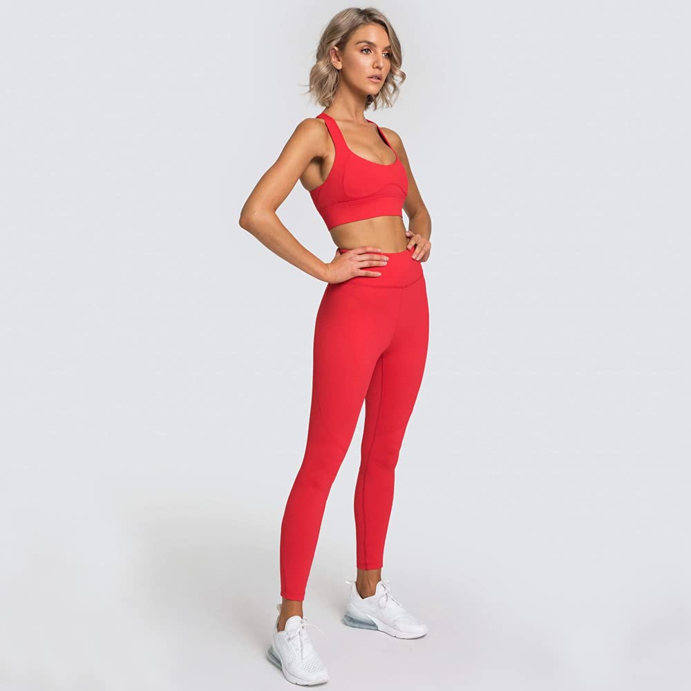 Hotexy Women Workout Sets Activewear Tracksuits High Waisted Plain Red Yoga Leggings with Stretch Sports Bra Gym Set