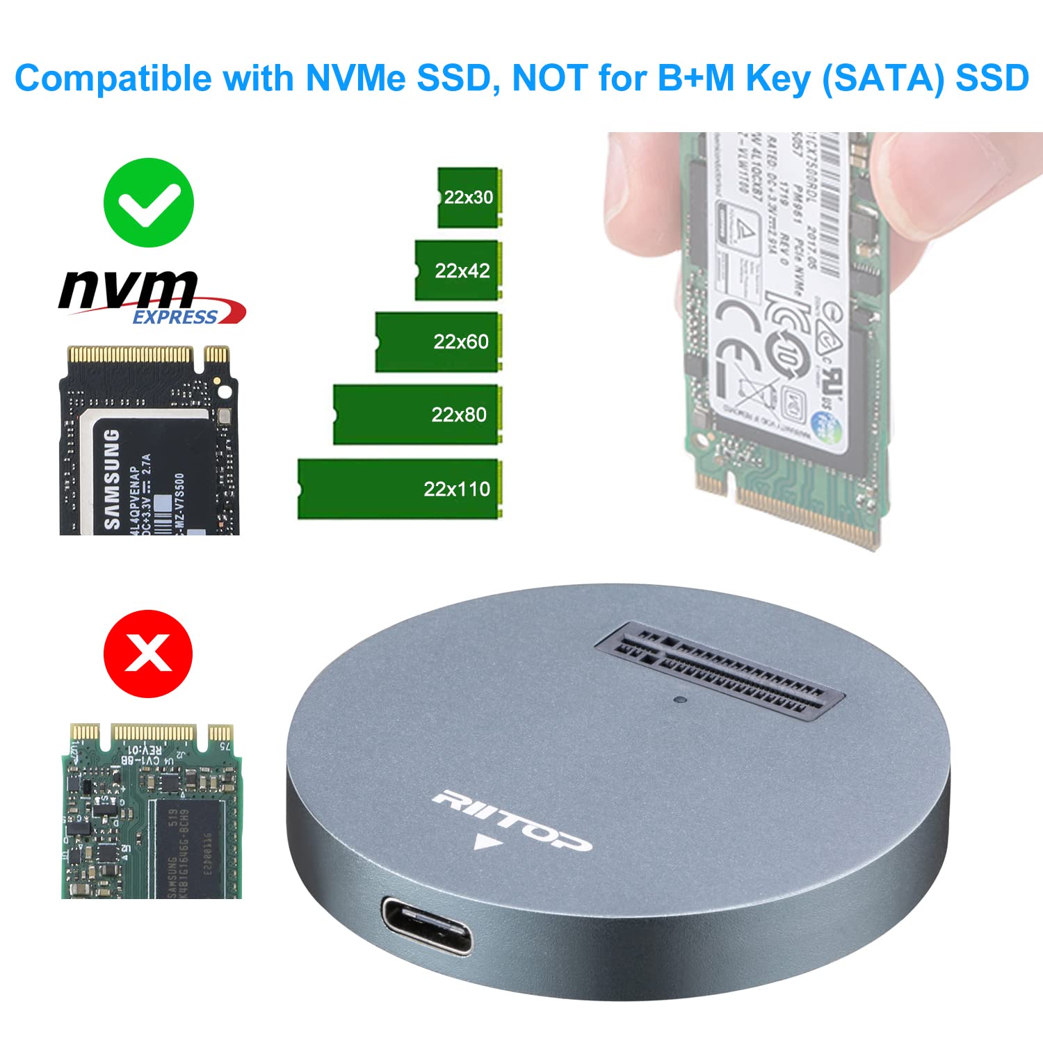 RIITOP NVMe to USB Docking Station, External M.2 PCI-e NVMe SSD to USB-C Reader Adapter for M.2 (M Key) NVMe SSD