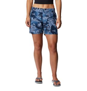 columbia women’s pfg tidal ii shorts, stain resistant, sun protection, collegiate navy fish frenzy print, x-small