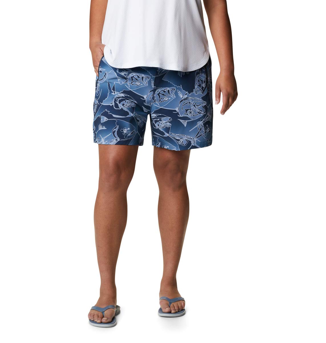 Columbia Women’s PFG Tidal II Shorts, Stain Resistant, Sun Protection, Collegiate Navy Fish Frenzy Print, X-Small