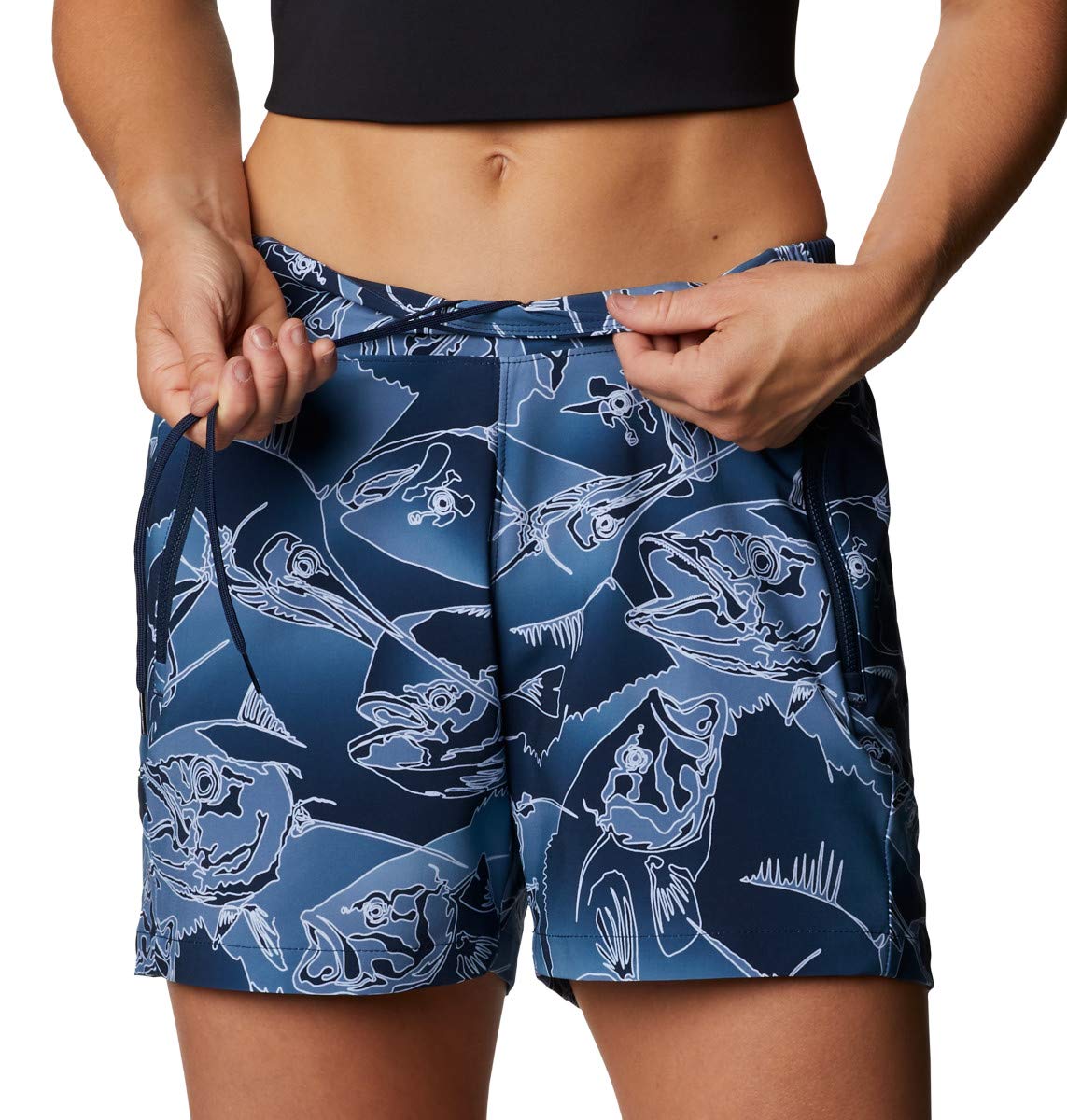 Columbia Women’s PFG Tidal II Shorts, Stain Resistant, Sun Protection, Collegiate Navy Fish Frenzy Print, X-Small