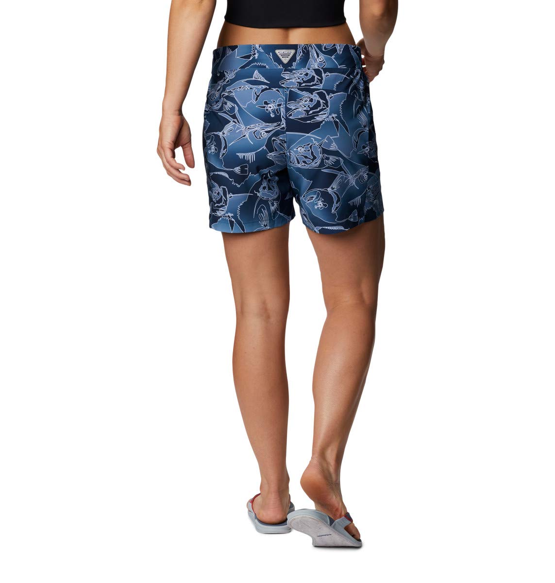 Columbia Women’s PFG Tidal II Shorts, Stain Resistant, Sun Protection, Collegiate Navy Fish Frenzy Print, X-Small