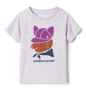 columbia youth girls petit pond graphic short sleeve tee, pale lilac foxy undercover, large