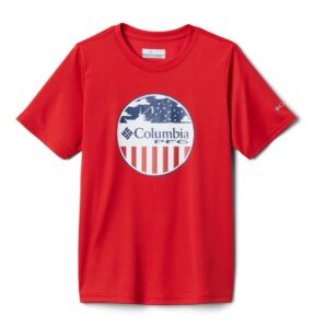 columbia youth boys pfg stamp short sleeve shirt, red spark/offshore patriot, large