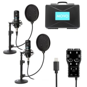 movo iphone podcast equipment bundle - 2 pack condenser microphones, 2 desktop mic stands, 2 pop filters, 2-channel xlr interface with lightning output - compatible with iphone, ipad, ios (lightning)