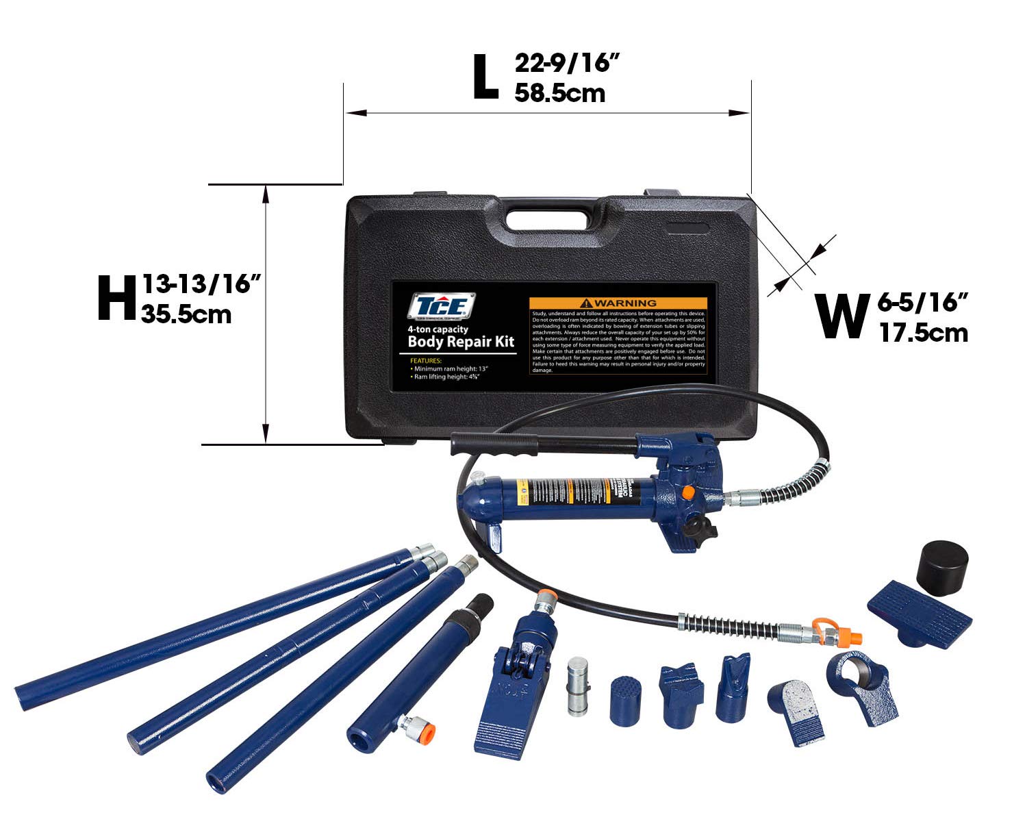 TCE AT70401SU Torin Portable Hydraulic Ram: Auto Body Frame Repair Kit with Blow Mold Carrying Storage Case, 4 Ton (8,000 lb) Capacity, Blue