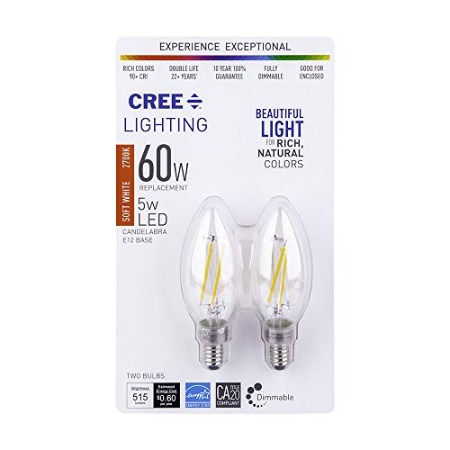 Cree Lighting TB11-07027MDCH25-12DE12-1-12 B11 Clear Glass Filament Candelabra 75W Equivalent, 700 lumens, Dimmable LED Bulb, 2 Count (Pack of 1), Soft White