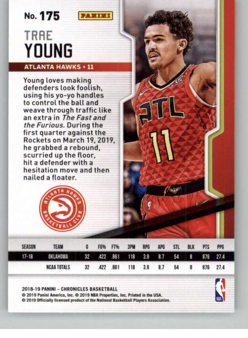 2018-19 Chronicles Playoff Basketball #175 Trae Young Atlanta Hawks Official NBA Trading Card From Panini America Rookie Card RC