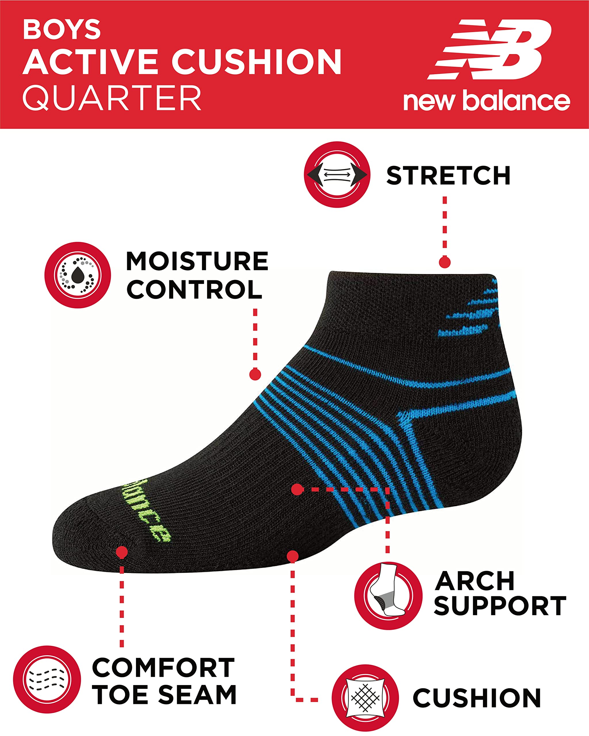 New Balance Boys' Socks - Performance Cushioned Quarter Socks (8 Pack), Size Large, Black