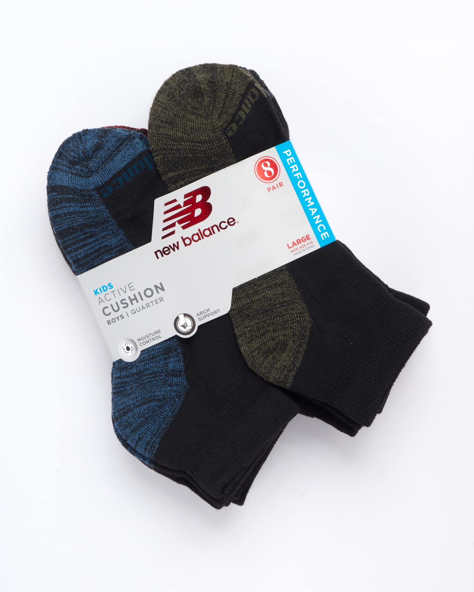 New Balance Boys' Socks - Performance Cushioned Quarter Socks (8 Pack), Size Large, Black