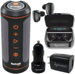 bushnell wingman 2 gps bluetooth speaker with included wearable4u ultimate black earbuds with power case and wall/car chargers bundle