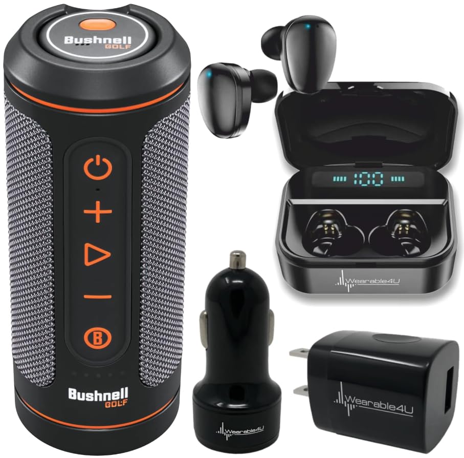 Bushnell Wingman 2 GPS Bluetooth Speaker with Included Wearable4U Ultimate Black Earbuds with Power Case and Wall/Car Chargers Bundle