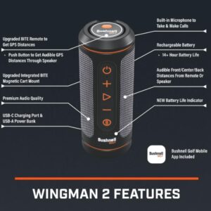 Bushnell Wingman 2 GPS Bluetooth Speaker with Included Wearable4U Ultimate Black Earbuds with Power Case and Wall/Car Chargers Bundle