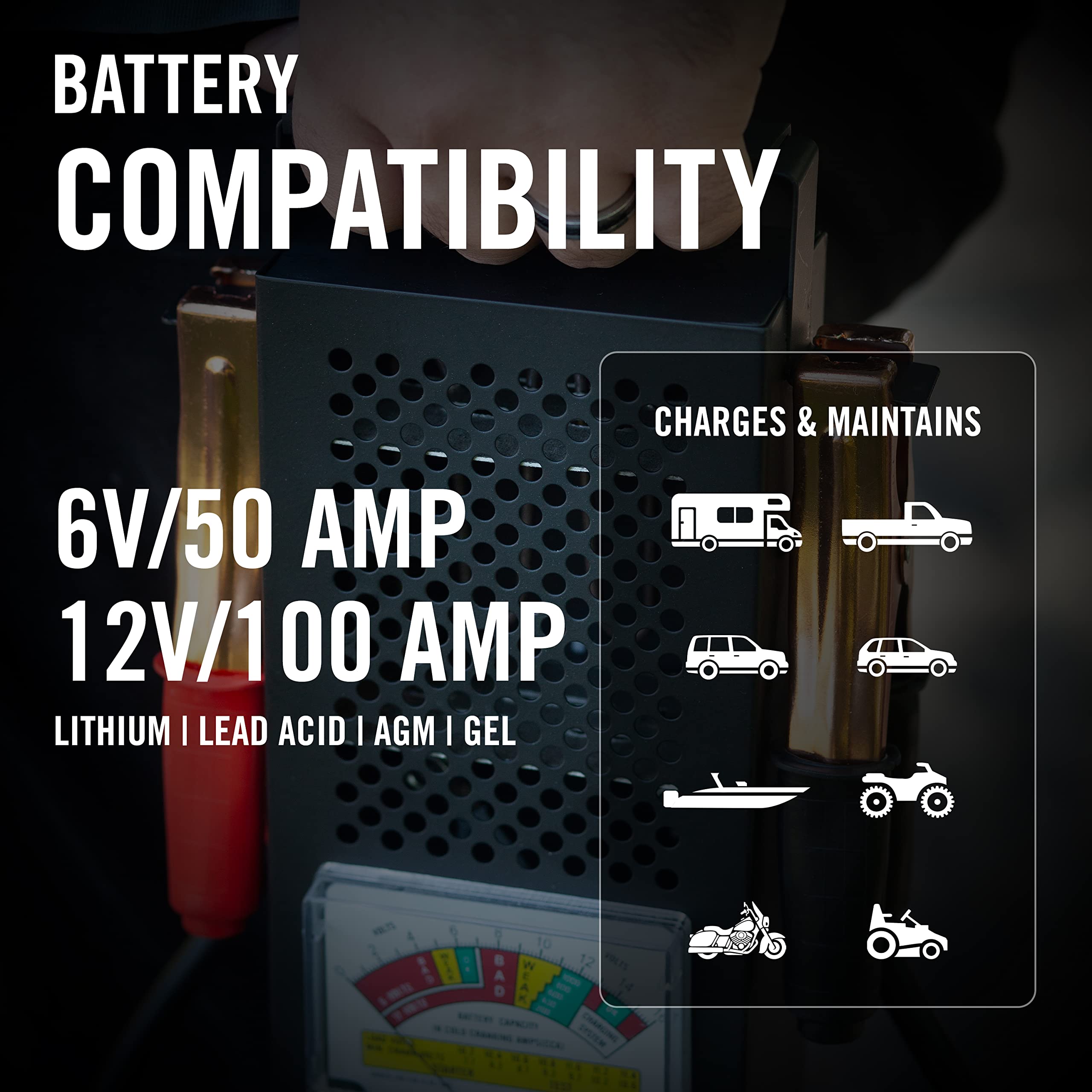 Battery Tender Battery Load Tester 12 Volt at 100 Amps / 6 Volt at 50 Amps Battery Tester - Includes Alligator Clamps - 12V or 6V Battery Health Checker, Check Starter Motor Draw - 026-0020