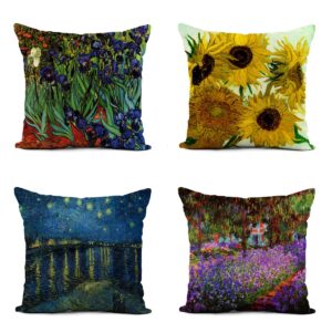 rurpali set of 4 linen throw pillow cover 16x16 inch colorful backyard van gogh irises vintage garden sunflowers home decor pillowcase square cushion cover for sofa bed couch
