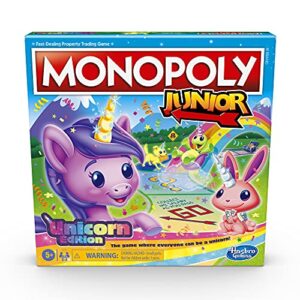 hasbro gaming monopoly junior: unicorn edition board game for 2-4 players, magical-themed indoor game for kids ages 5 and up (amazon exclusive)