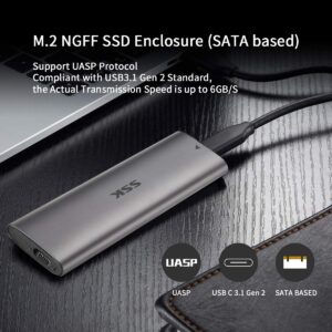 SSK Aluminum Tool-Free M.2 SATA SSD Enclosure Reader USB 3.2 Gen 2(6Gbps) Type-C External SSD Adapter Support UASP TRIM for M2 SATA NGFF 2242/2260/2280 SSD with B Key/B+M Key(𝗦𝗔𝗧𝗔 𝗦𝗦𝗗 𝗼𝗻𝗹𝘆)