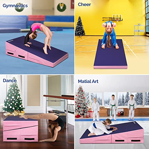 Matladin 55"x28"x14" Folding Gymnastics Cheese Wedge Incline Mat, Gym Fitness Tumbling Skill Shape Mat for Kids Girls Home Training Exercise (55"x28"x14", Purple+Pink)