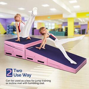 Matladin 55"x28"x14" Folding Gymnastics Cheese Wedge Incline Mat, Gym Fitness Tumbling Skill Shape Mat for Kids Girls Home Training Exercise (55"x28"x14", Purple+Pink)