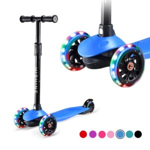 kids kick scooters for toddlers boys girls ages 2-5 years old, adjustable height, extra wide deck, light up wheels, easy to learn, 3 wheels scooters, blue