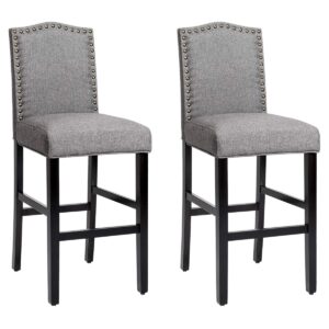 costway bar stools set of 2, counter height dining side barstools, w/thick cushion, linen surface, nailhead trim, rubber wood legs, high leisure chairs for living room, kitchen, dining room, gray