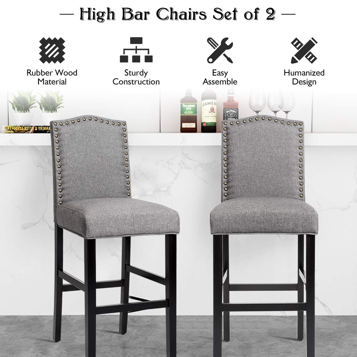 COSTWAY Bar Stools Set of 2, Counter Height Dining Side Barstools, w/Thick Cushion, Linen Surface, Nailhead Trim, Rubber Wood Legs, High Leisure Chairs for Living Room, Kitchen, Dining Room, Gray