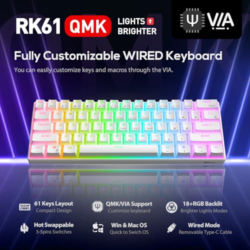 RK ROYAL KLUDGE RK61 Wired 60% Mechanical Gaming Keyboard Programmable QMK/VIA RGB Backlit 61 Keys Ultra-Compact Hot Swappable Red Switch White