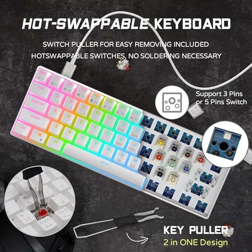 RK ROYAL KLUDGE RK61 Wired 60% Mechanical Gaming Keyboard Programmable QMK/VIA RGB Backlit 61 Keys Ultra-Compact Hot Swappable Red Switch White