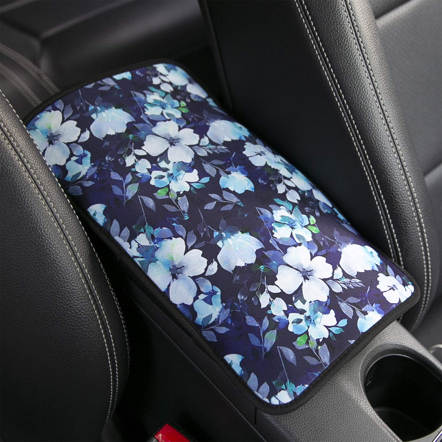 YR Vehicle Center Console Armrest Cover Pad, Universal Fit Soft Comfort Center Console Armrest Cushion for Car, Stylish Pattern Design Car Armrest Cover, White Flower