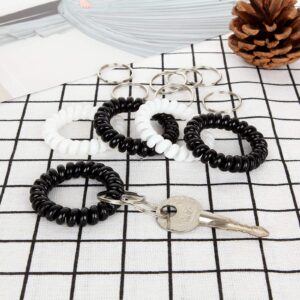 100PCS Wrist Keychain Bracelet Spiral Wrist Coil Key Chain Bulk Plastic Stretchable Spiral Keychain Bracelet Black & White Spring Wrist Keychain Use for Office Workshop Shopping Mall Sauna and More