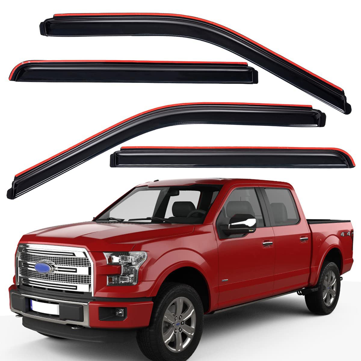 Lightronic WV194975 in-Channel Side Window Deflectors & Visors Rain Guards, Dark Smoke, 4-Pieces Set, Fits 2015-2024 Ford F-150 SuperCrew, 2017-2024 F-150 Raptor, 2022-2024 F-150 Lightning, SuperCrew