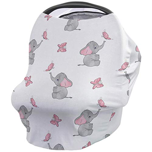 Carseat Cover for Girls Babies, Elephant Nursing Covers for Breastfeeding Baby, Car Seat Stroller Combos Cover,Pink Magic Butterfly Infant Carseat Canopy,Newborn Shopping Cart Covers