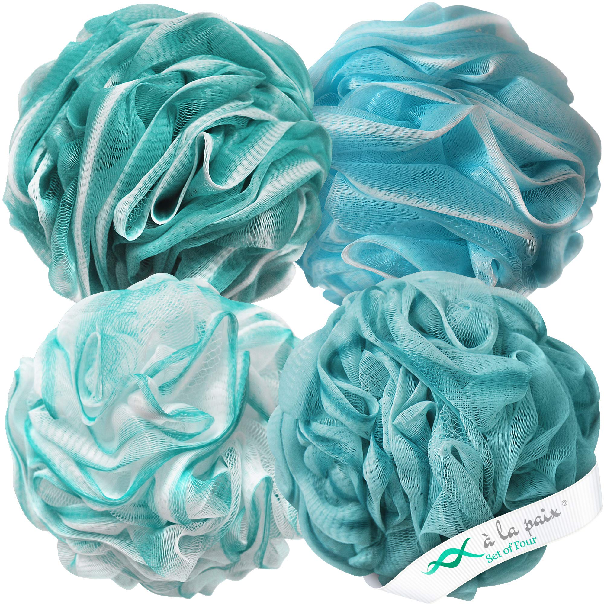 Loofah Bath Sponge XL 75g Set of 4 Ocean Colors by À La Paix - Soft Exfoliating Shower Lufa for Silky Skin - Long-Handle Mesh Body Poufs- Women and Men’s Luffas - Loufa Sponges- Full Cleanse & Lather