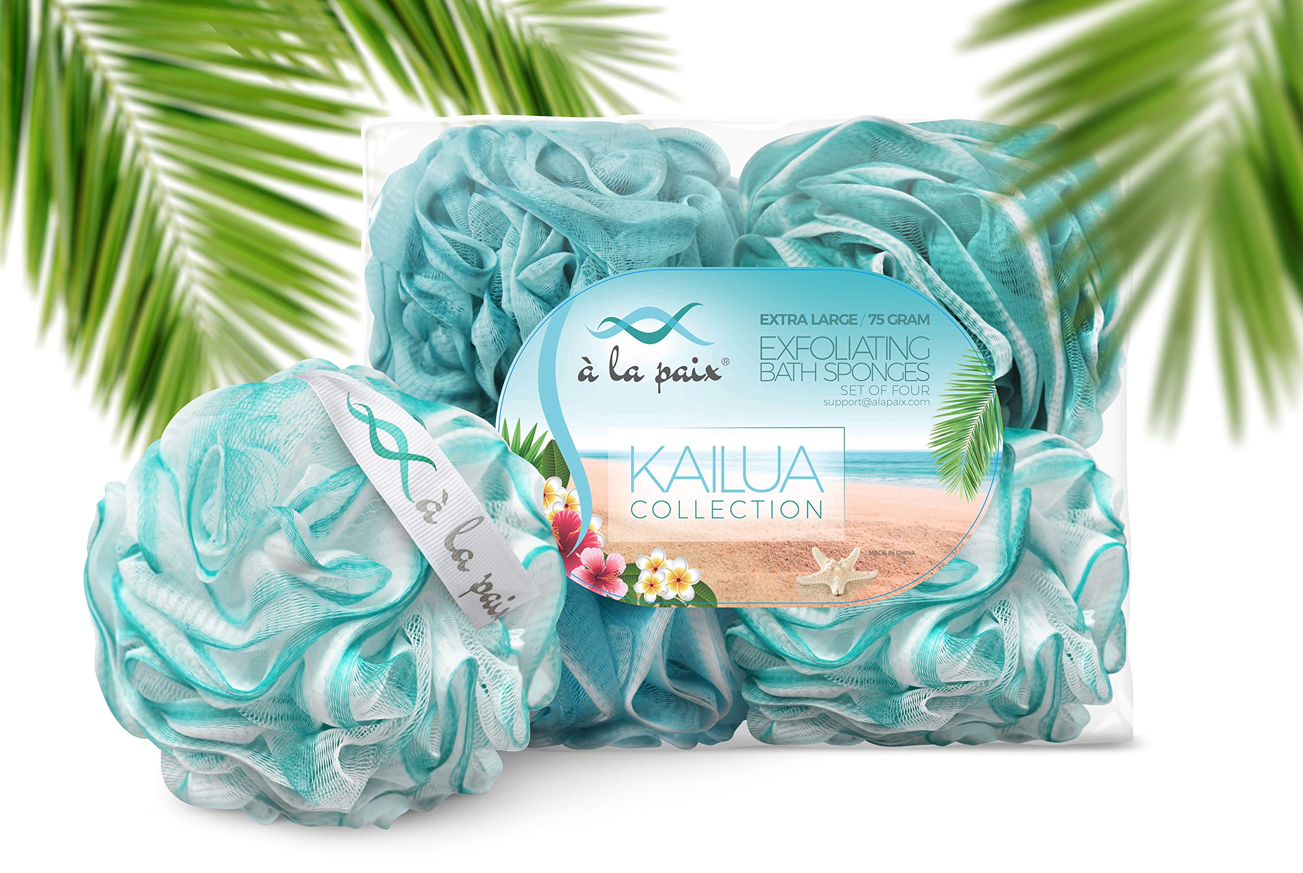 Loofah Bath Sponge XL 75g Set of 4 Ocean Colors by À La Paix - Soft Exfoliating Shower Lufa for Silky Skin - Long-Handle Mesh Body Poufs- Women and Men’s Luffas - Loufa Sponges- Full Cleanse & Lather