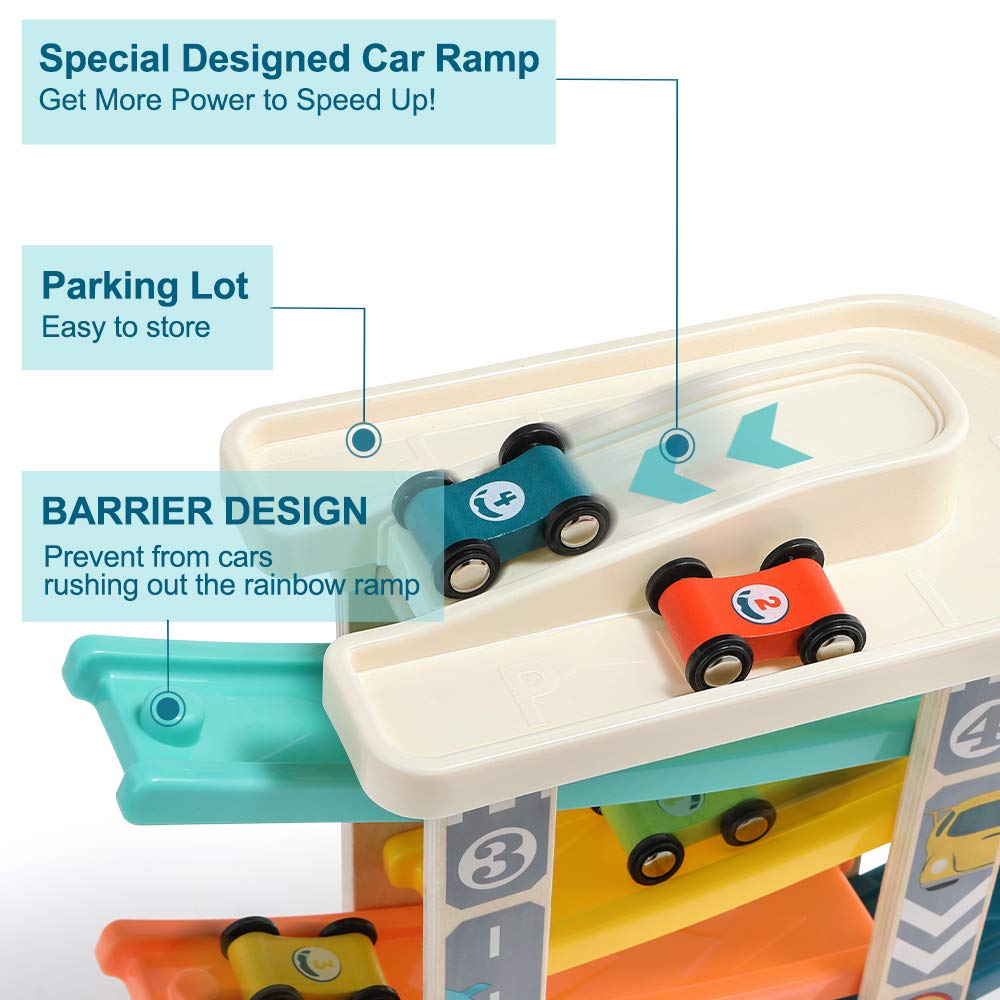 TOP Bright Toddler Wooden Race Track Car Ramp Toys for 1 2 Year Old Baby Motor Skills Race Tracks Car Ramp Vehicle Playsets with 4 Mini Cars and 1 Car Garage