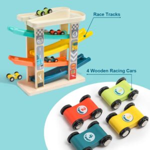 TOP Bright Toddler Wooden Race Track Car Ramp Toys for 1 2 Year Old Baby Motor Skills Race Tracks Car Ramp Vehicle Playsets with 4 Mini Cars and 1 Car Garage