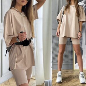 Glamaker Women 2 Piece Outfit sets Casual Oversized T-Shirt Tops Biker Shorts Workout Sport s Tracksuit Khaki Large