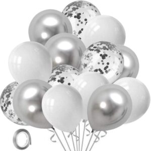 riimuhir white silver confetti party balloons - 60 pcs 12inch white pearl silver metallic chrome latex balloon set with 33ft silver...