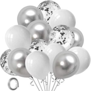 RIIMUHIR White Silver Confetti Party Balloons - 60 Pcs 12inch White Pearl Silver Metallic Chrome Latex Balloon Set with 33Ft Silver...