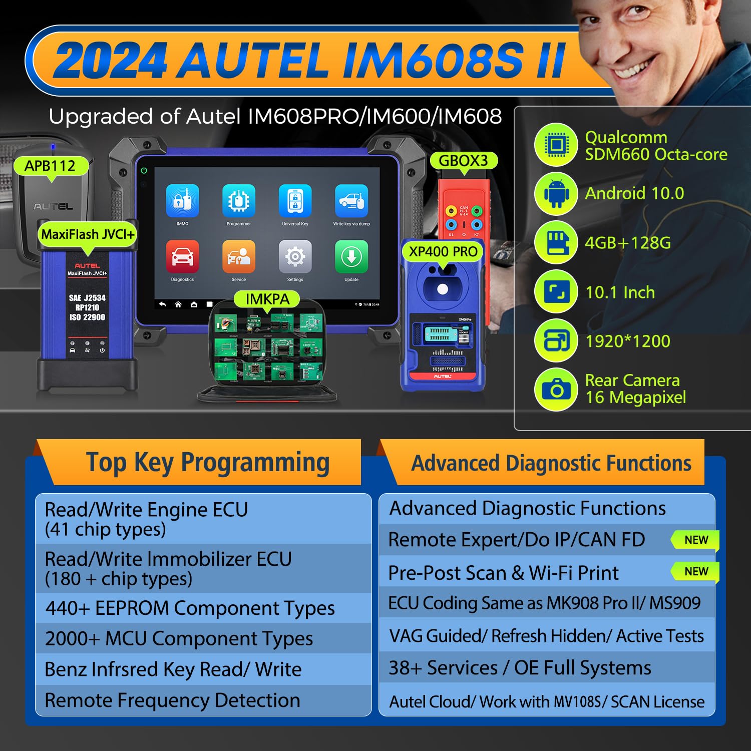 Autel MaxiIM IM608S II: 2024 Same as IM608 PRO II Top IMMO Key FOB Programming Tool, XP400 PRO GBOX3 APB112 IMKPA [Valued $1316], OE ECU Coding, 40+ Service, 3K+ Bidirectional, Up of IM608 PRO/ IM508S