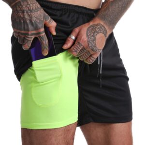 FLYFIREFLY Men's 2-in-1 Workout Running Shorts 7" Lightweight Gym Yoga Training Sport Short Pants Black Green